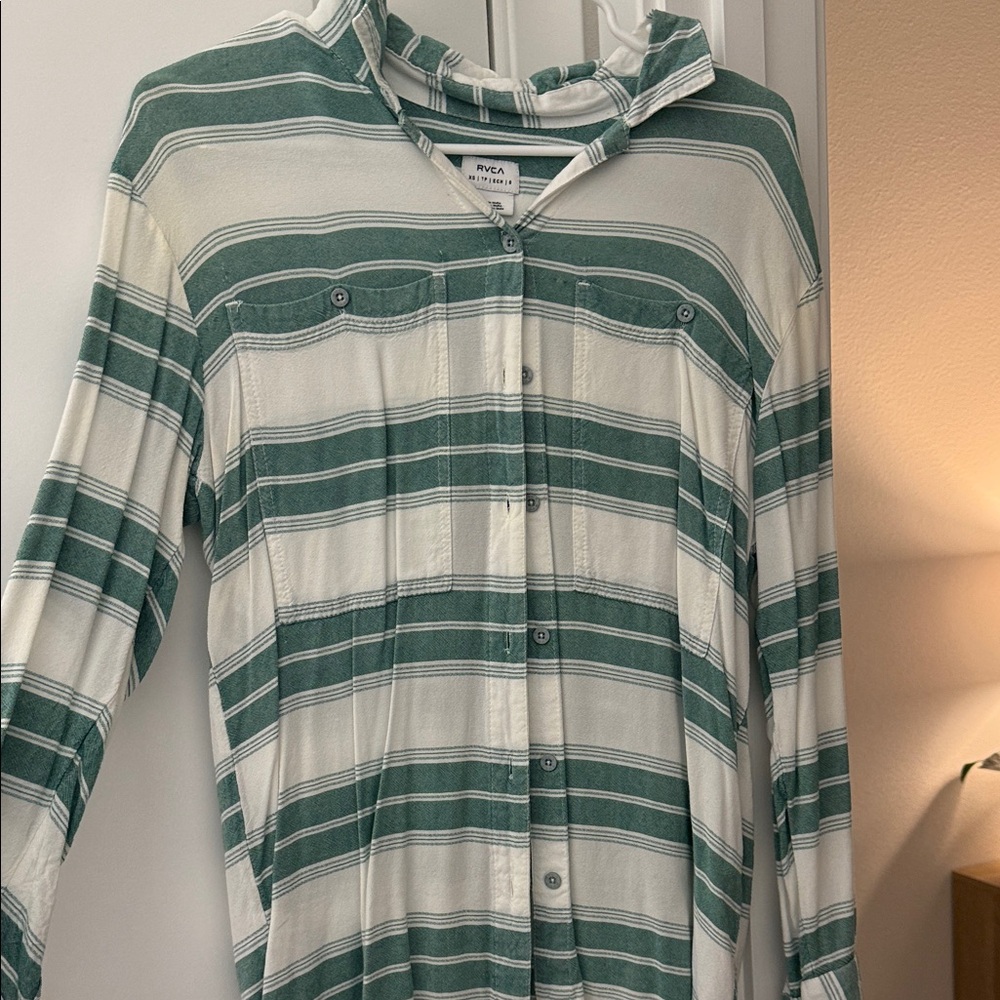 RVCA Striped Button-Up in Green and White